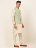 Jompers Men's Solid Kurta Pyjama With Nehru Jacket - Green | Grocsy