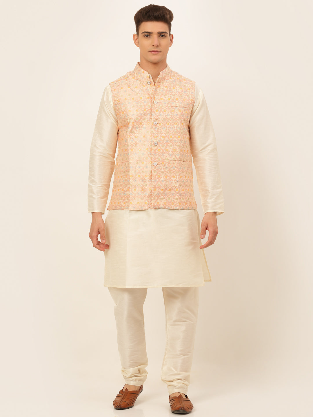 Jompers Men's Solid Kurta Pyjama With Nehru Jacket - Pink | Grocsy