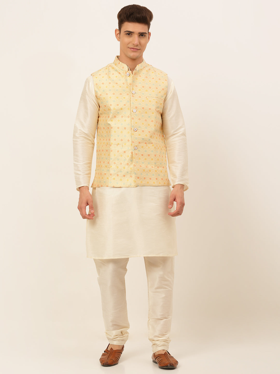 Jompers Men's Solid Kurta Pyjama With Nehru Jacket - Yellow | Grocsy