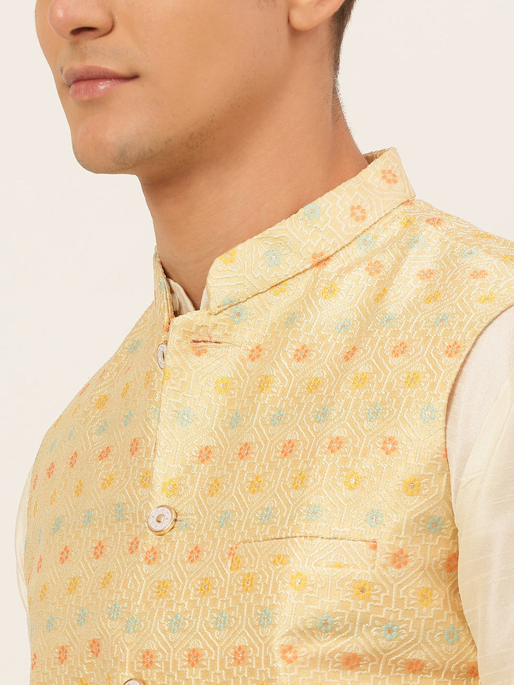 Jompers Men's Solid Kurta Pyjama With Nehru Jacket - Yellow | Grocsy