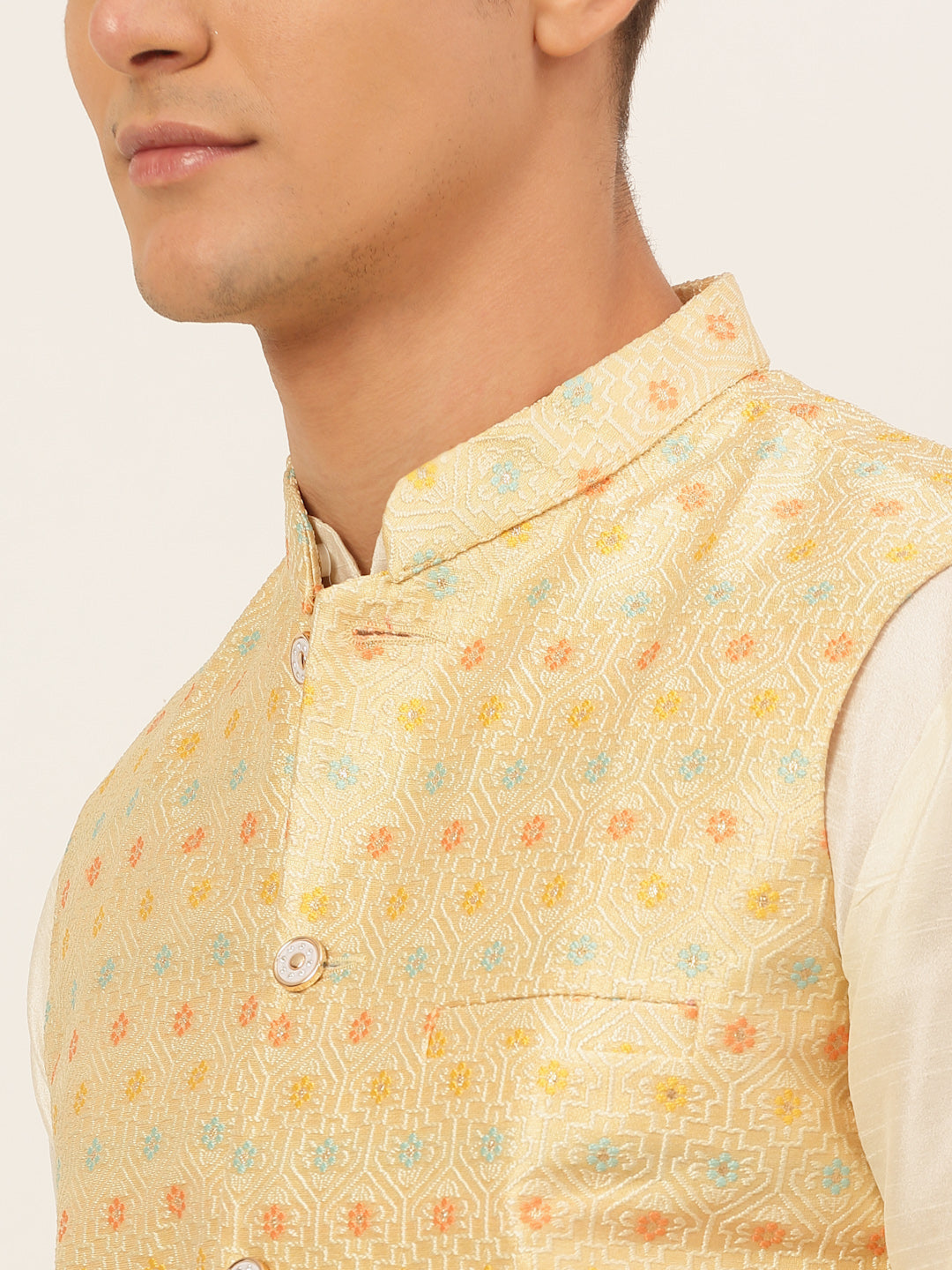 Jompers Men's Solid Kurta Pyjama With Nehru Jacket - Yellow | Grocsy