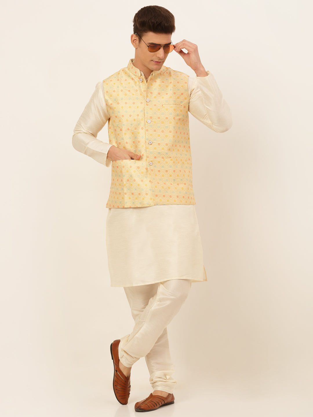 Jompers Men's Solid Kurta Pyjama With Nehru Jacket - Yellow | Grocsy