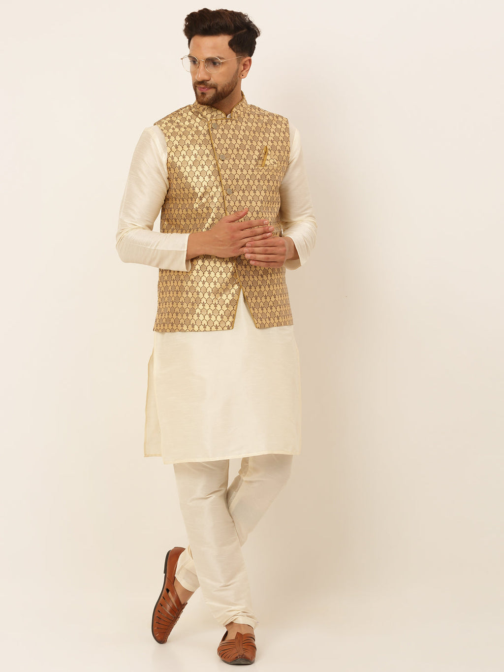Jompers Men's Solid Kurta Pyjama With Nehru Jacket - Golden | Grocsy
