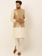 Jompers Men's Solid Kurta Pyjama With Nehru Jacket - Golden | Grocsy