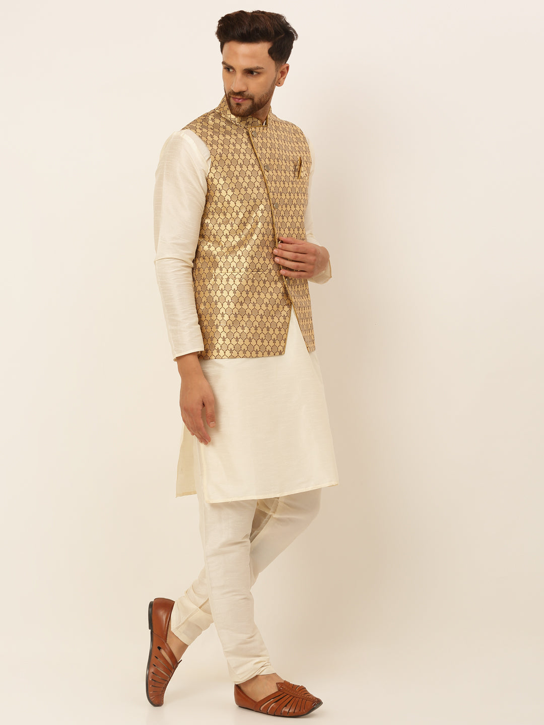 Jompers Men's Solid Kurta Pyjama With Nehru Jacket - Golden | Grocsy