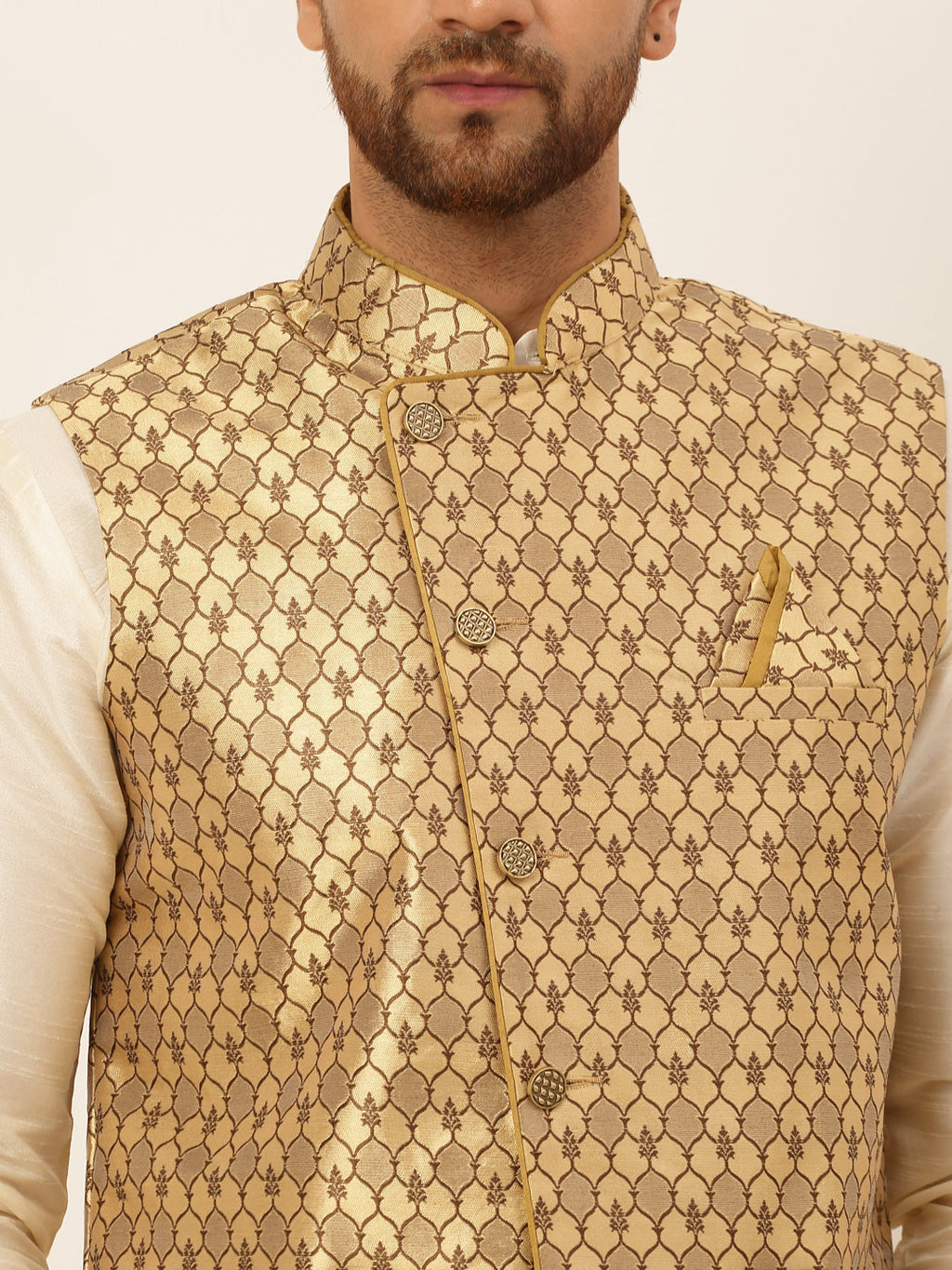 Jompers Men's Solid Kurta Pyjama With Nehru Jacket - Golden | Grocsy