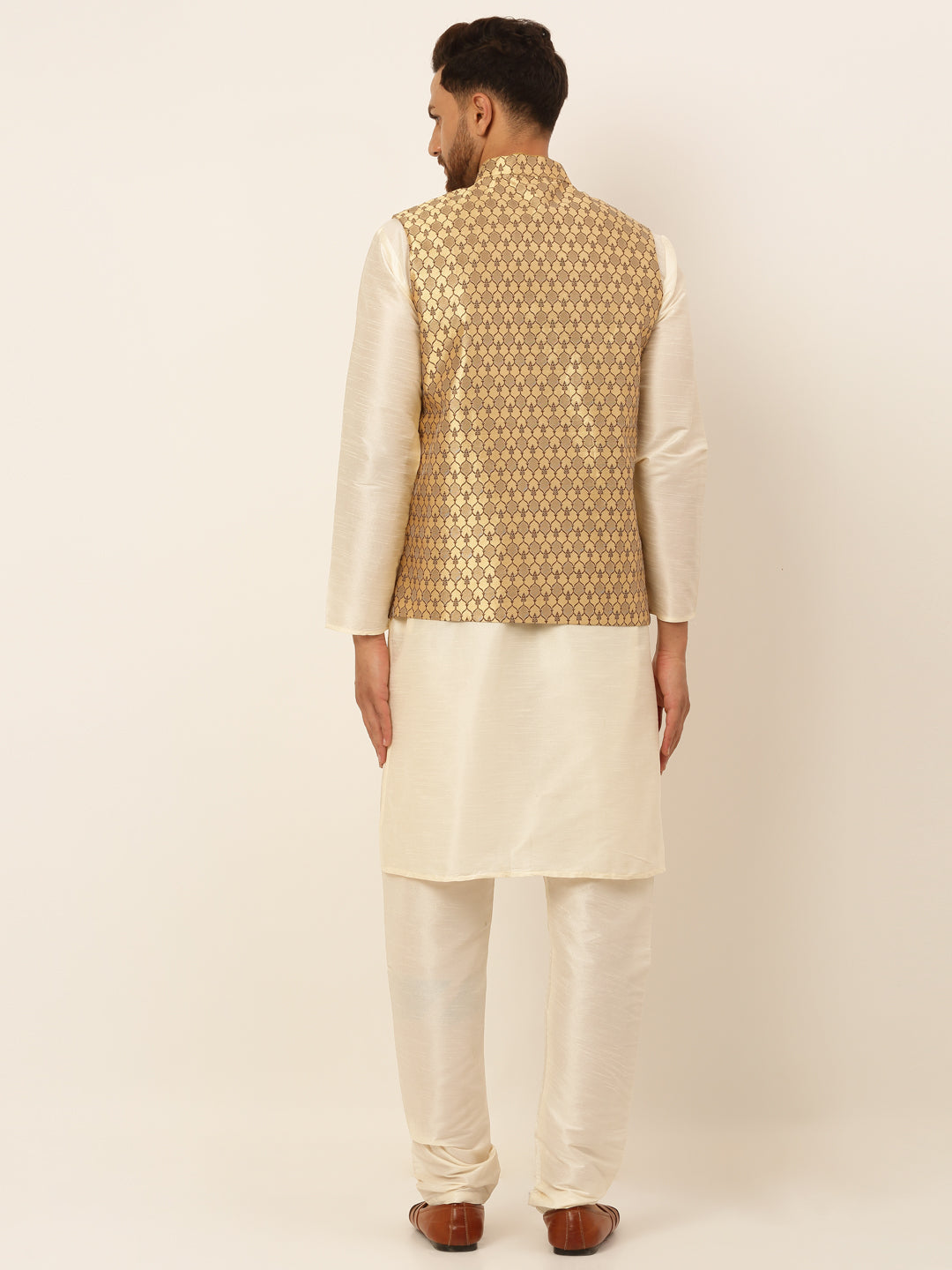 Jompers Men's Solid Kurta Pyjama With Nehru Jacket - Golden | Grocsy