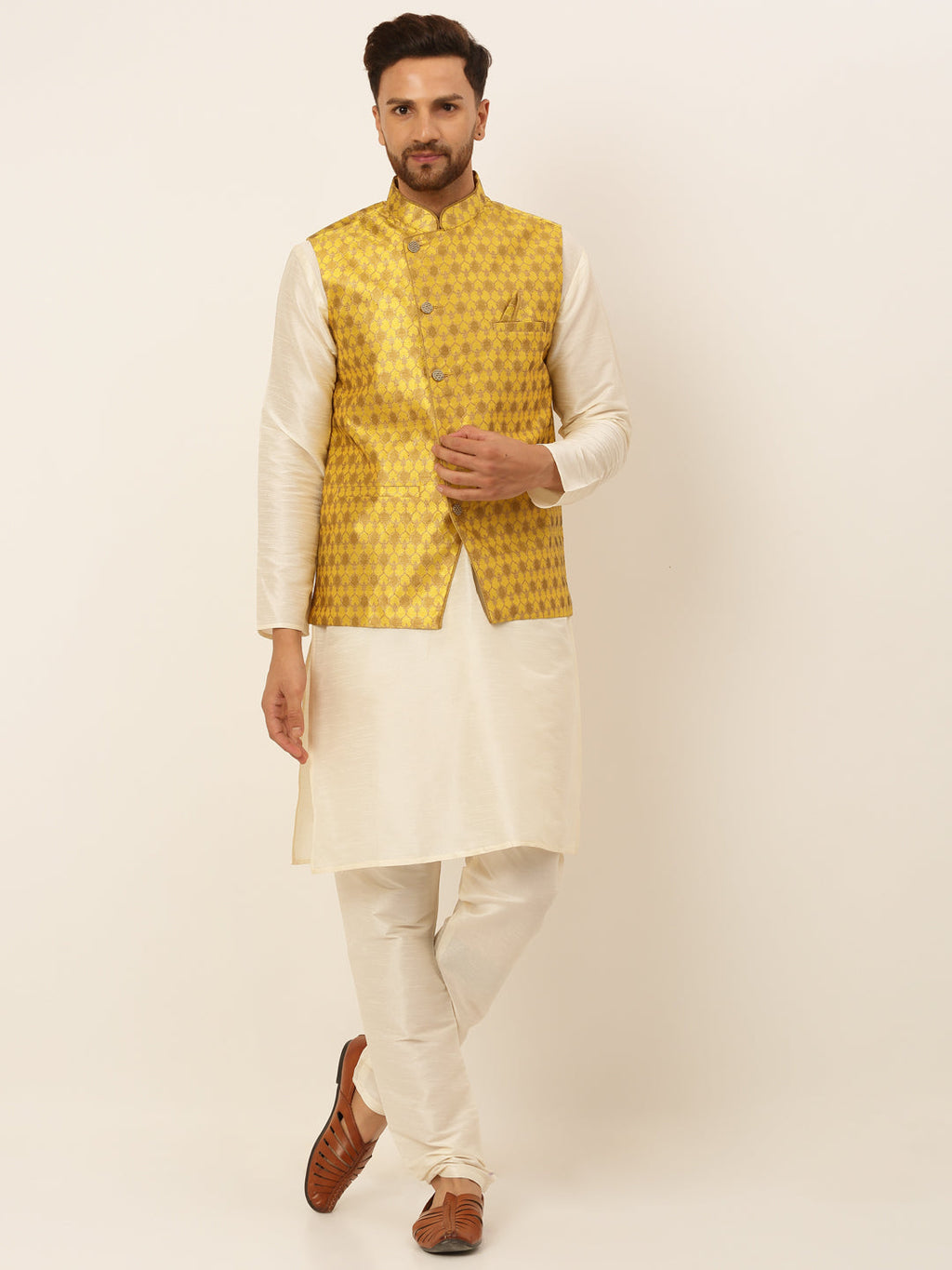 Jompers Men's Solid Kurta Pyjama With Nehru Jacket - Mustard | Grocsy