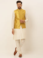 Jompers Men's Solid Kurta Pyjama With Nehru Jacket - Mustard | Grocsy