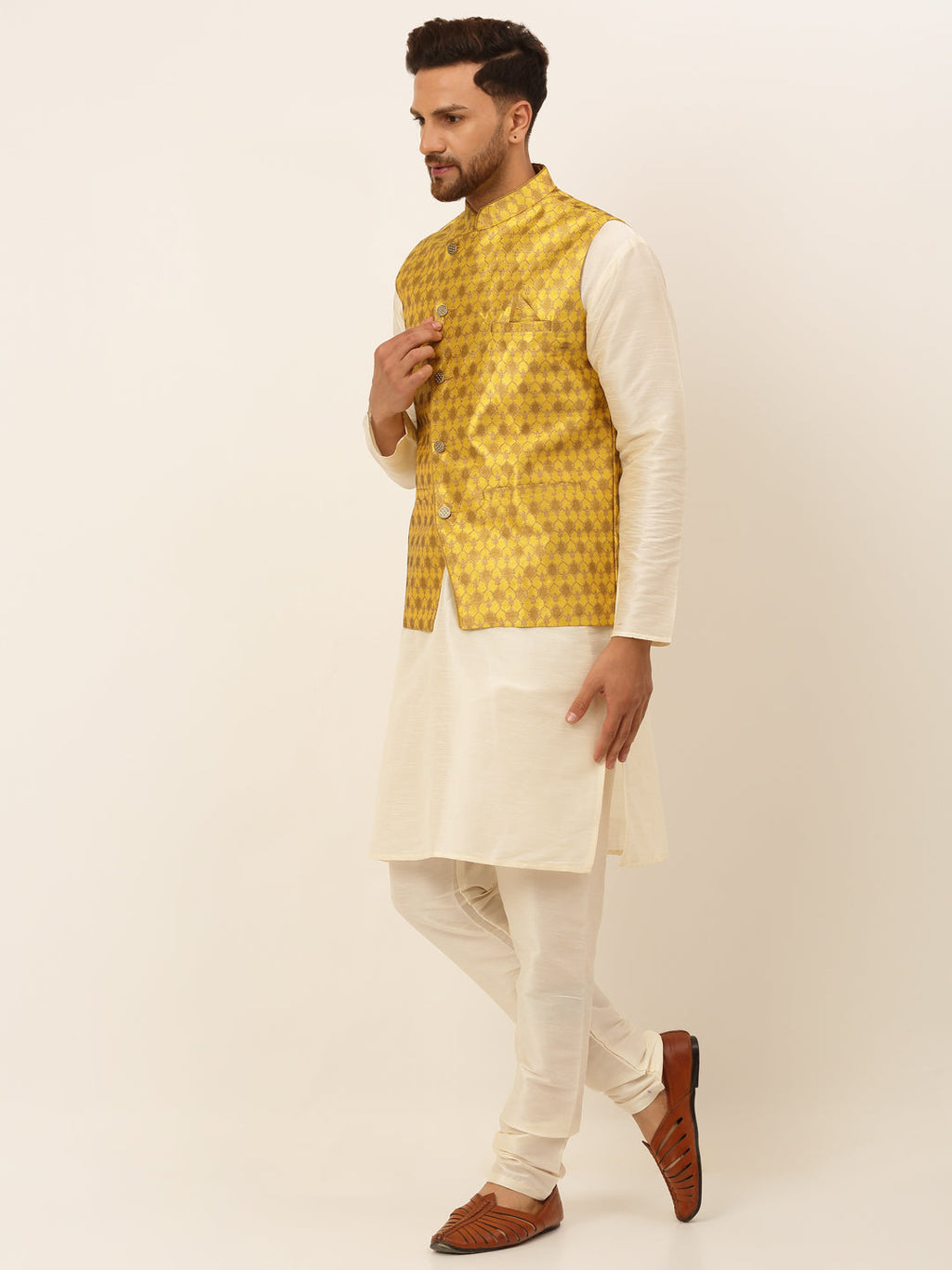 Jompers Men's Solid Kurta Pyjama With Nehru Jacket - Mustard | Grocsy