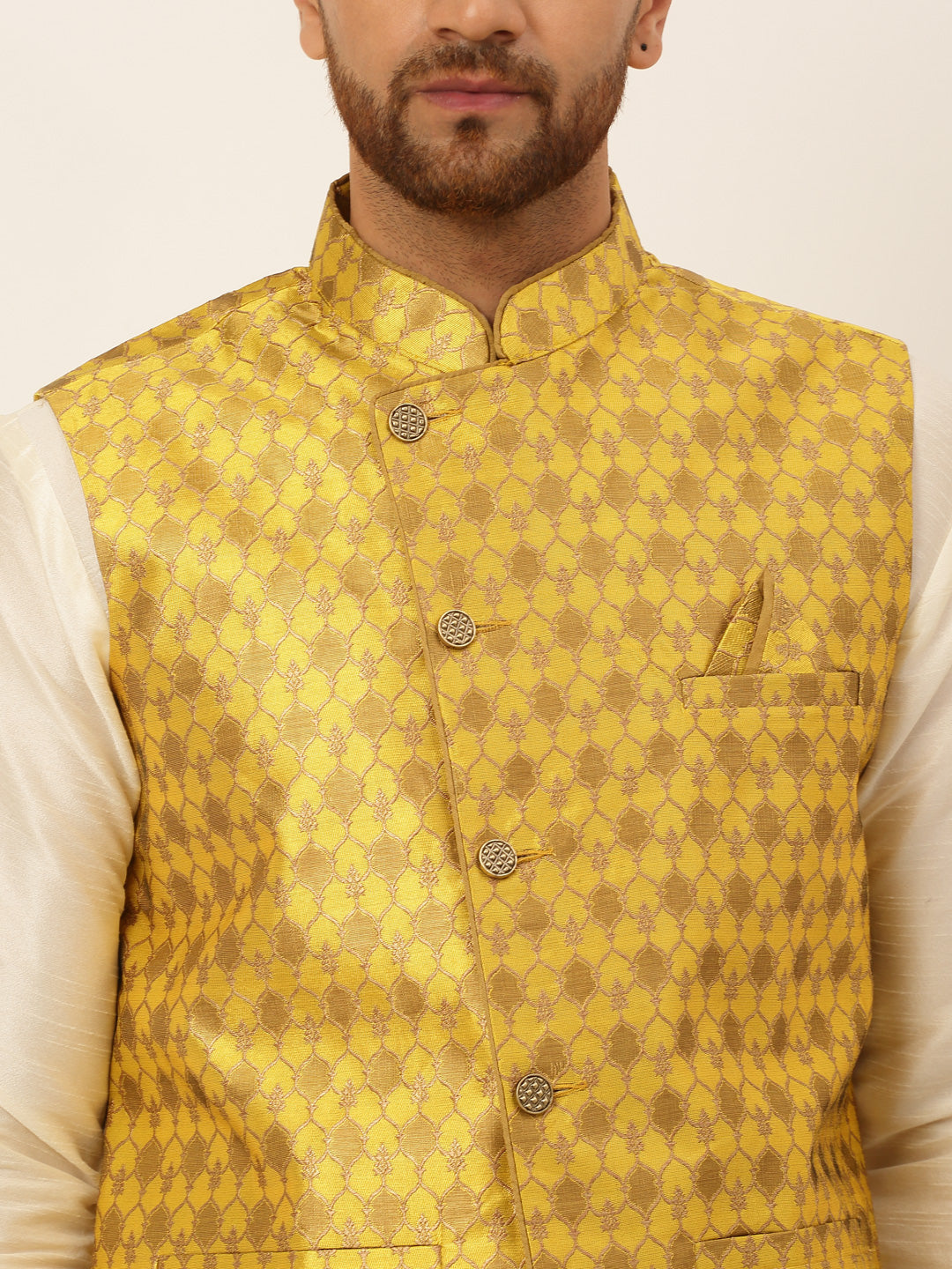 Jompers Men's Solid Kurta Pyjama With Nehru Jacket - Mustard | Grocsy
