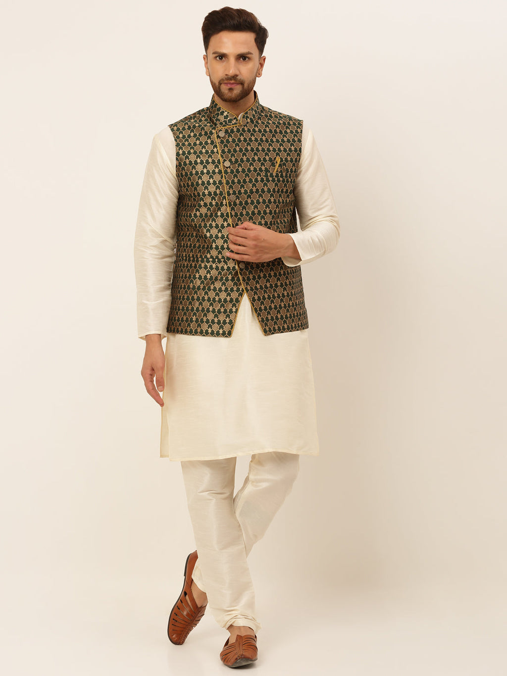 Jompers Men's Solid Kurta Pyjama With Nehru Jacket - Olive | Grocsy