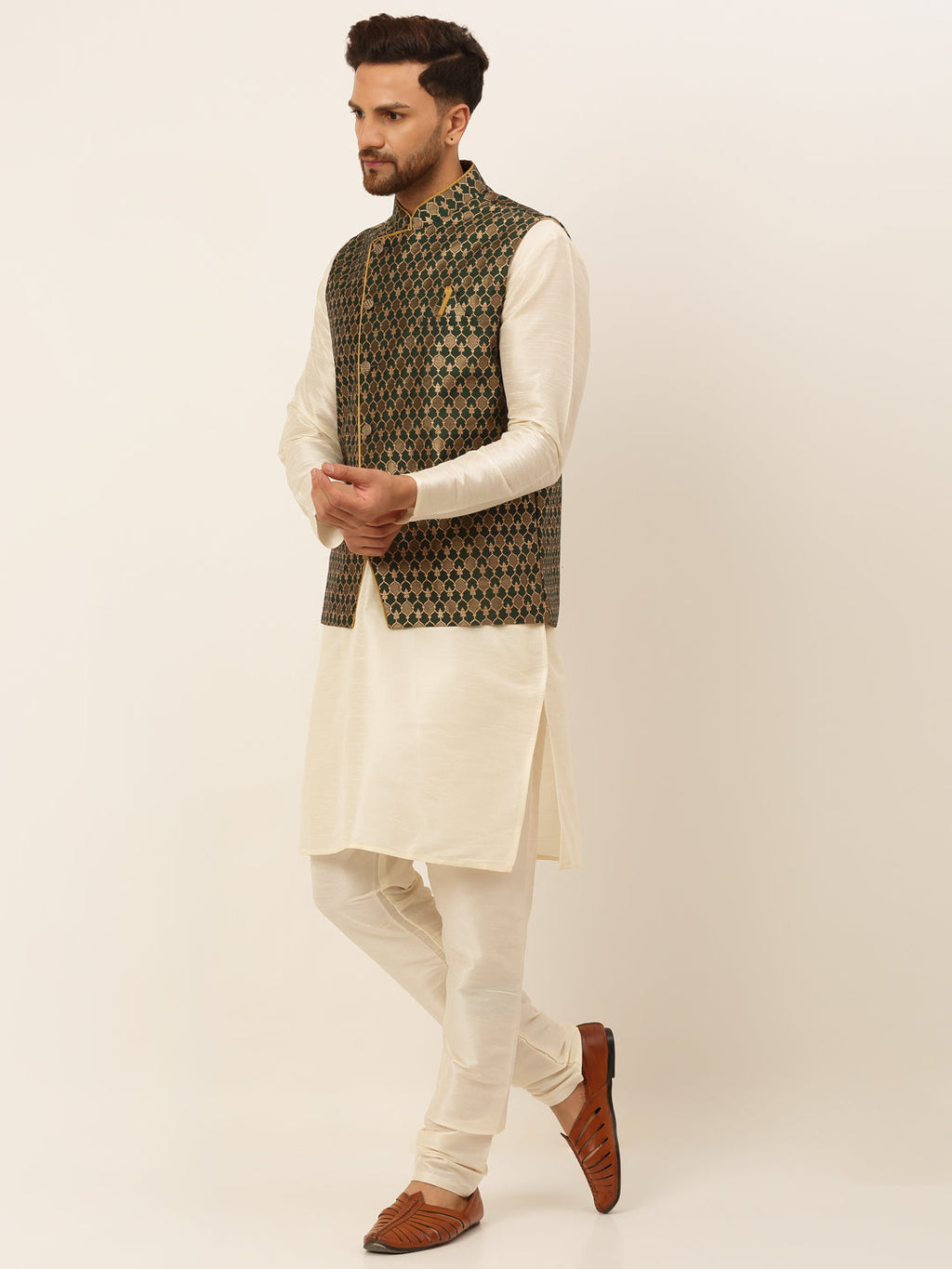 Jompers Men's Solid Kurta Pyjama With Nehru Jacket - Olive | Grocsy