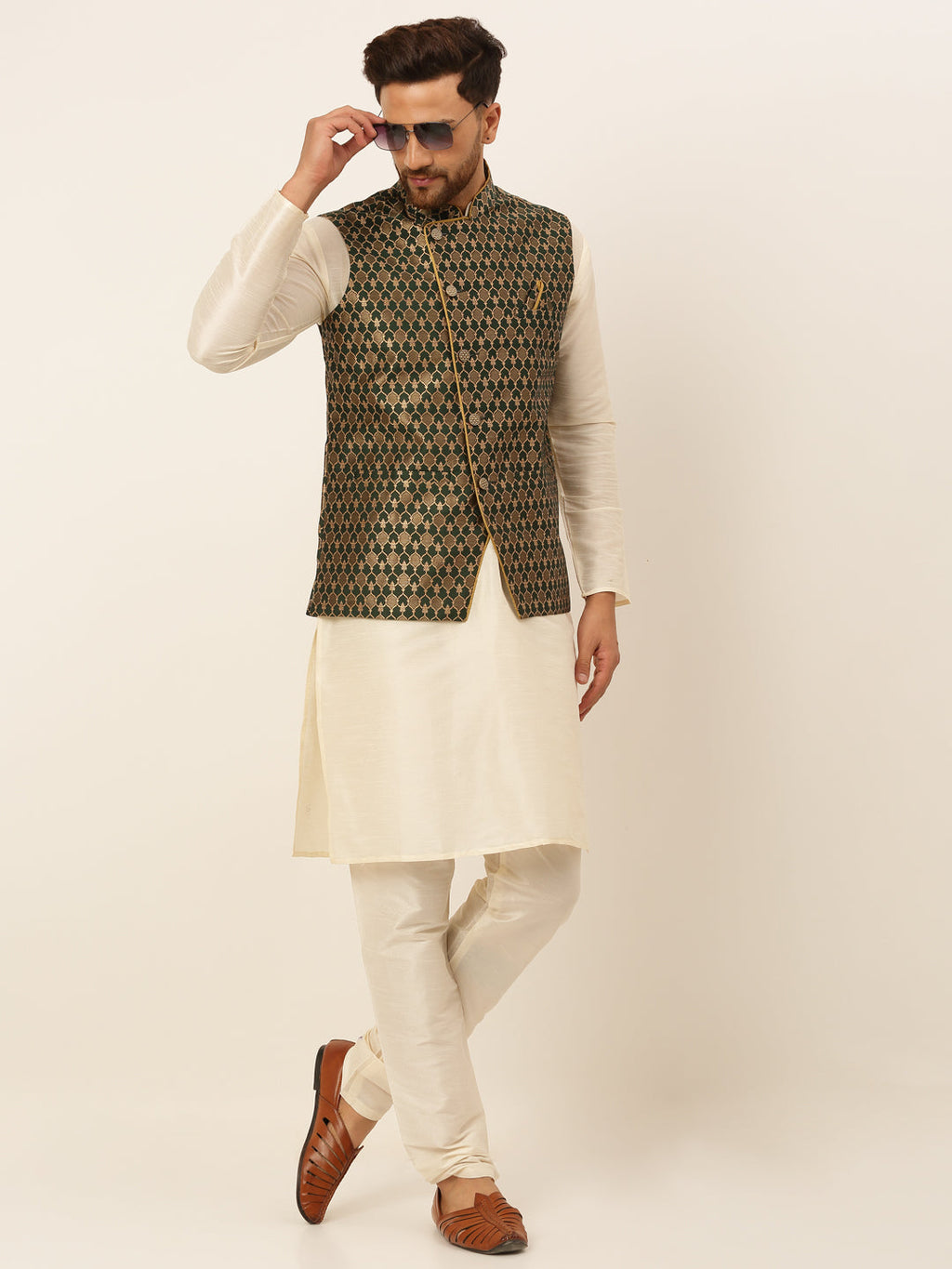 Jompers Men's Solid Kurta Pyjama With Nehru Jacket - Olive | Grocsy