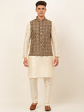 Jompers Men's Solid Kurta Pyjama With Nehru Jacket - Brown | Grocsy