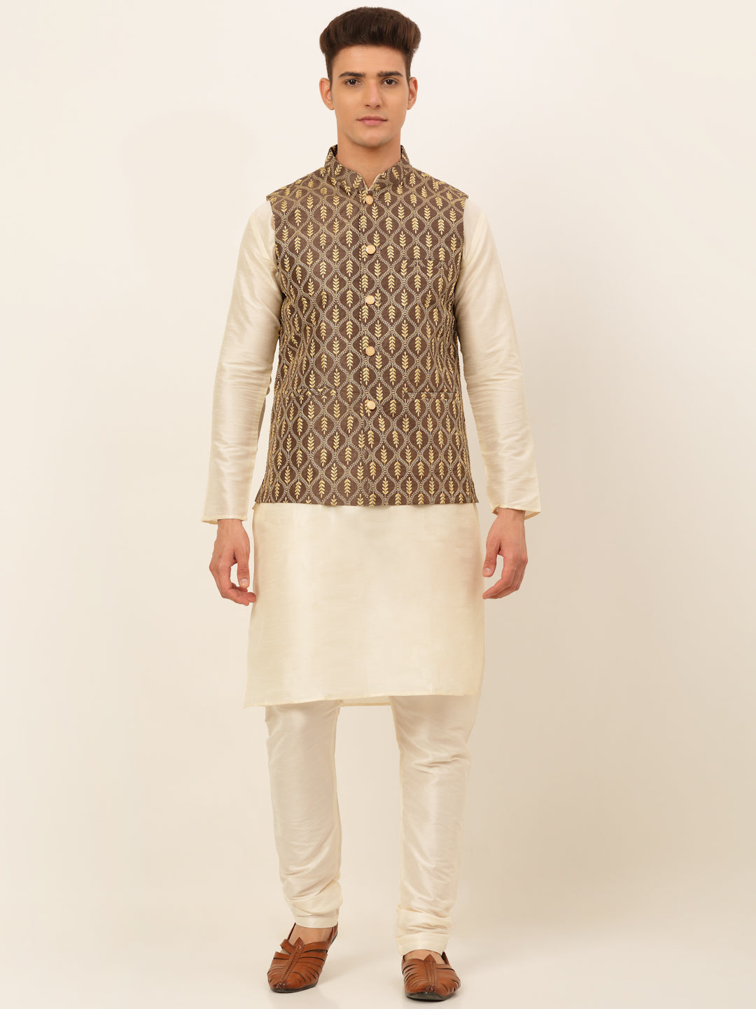 Jompers Men's Solid Kurta Pyjama With Nehru Jacket - Brown | Grocsy
