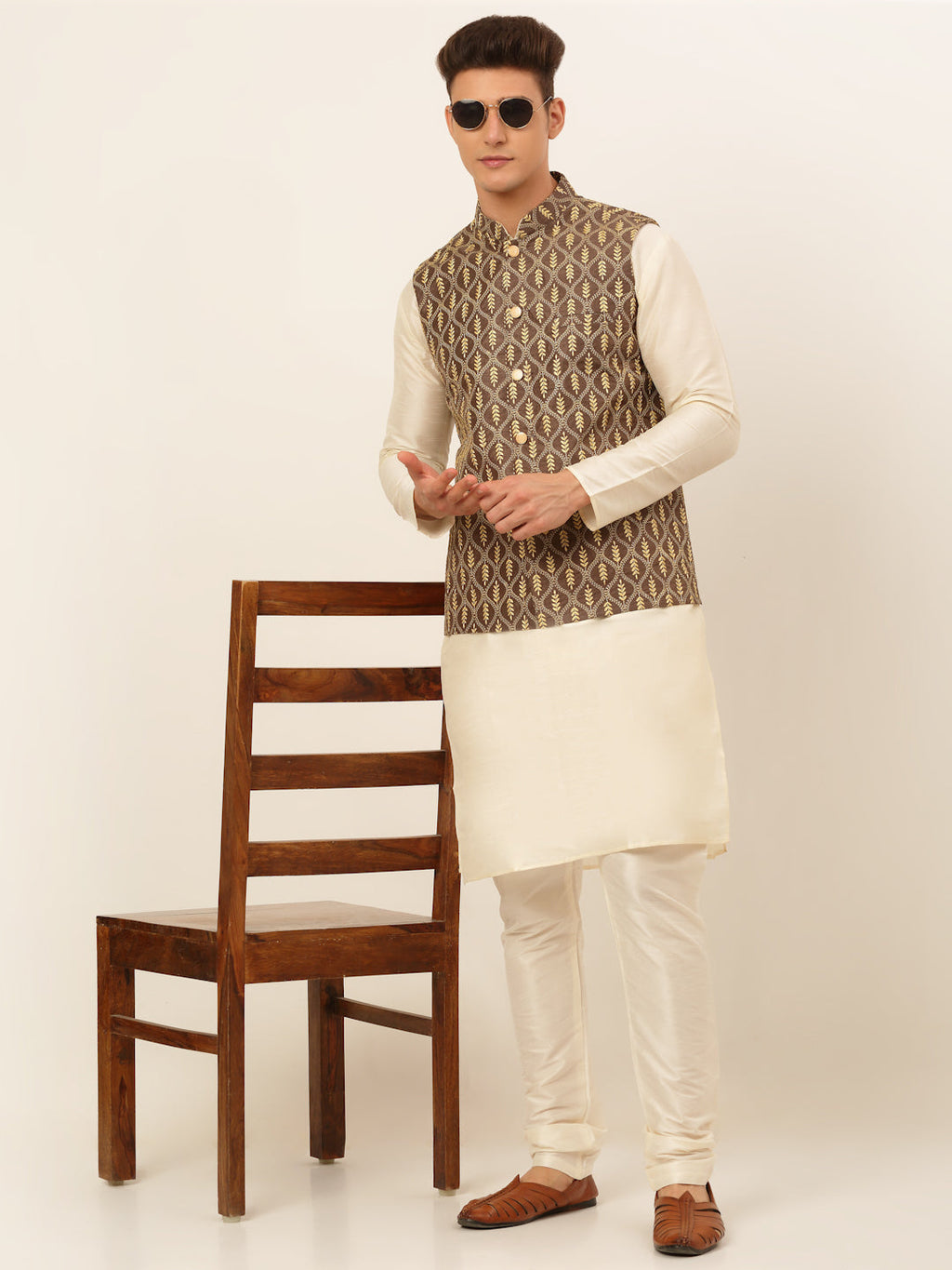 Jompers Men's Solid Kurta Pyjama With Nehru Jacket - Brown | Grocsy