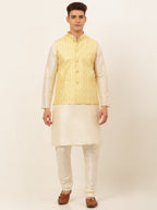 Jompers Men's Solid Kurta Pyjama With Nehru Jacket - Golden | Grocsy
