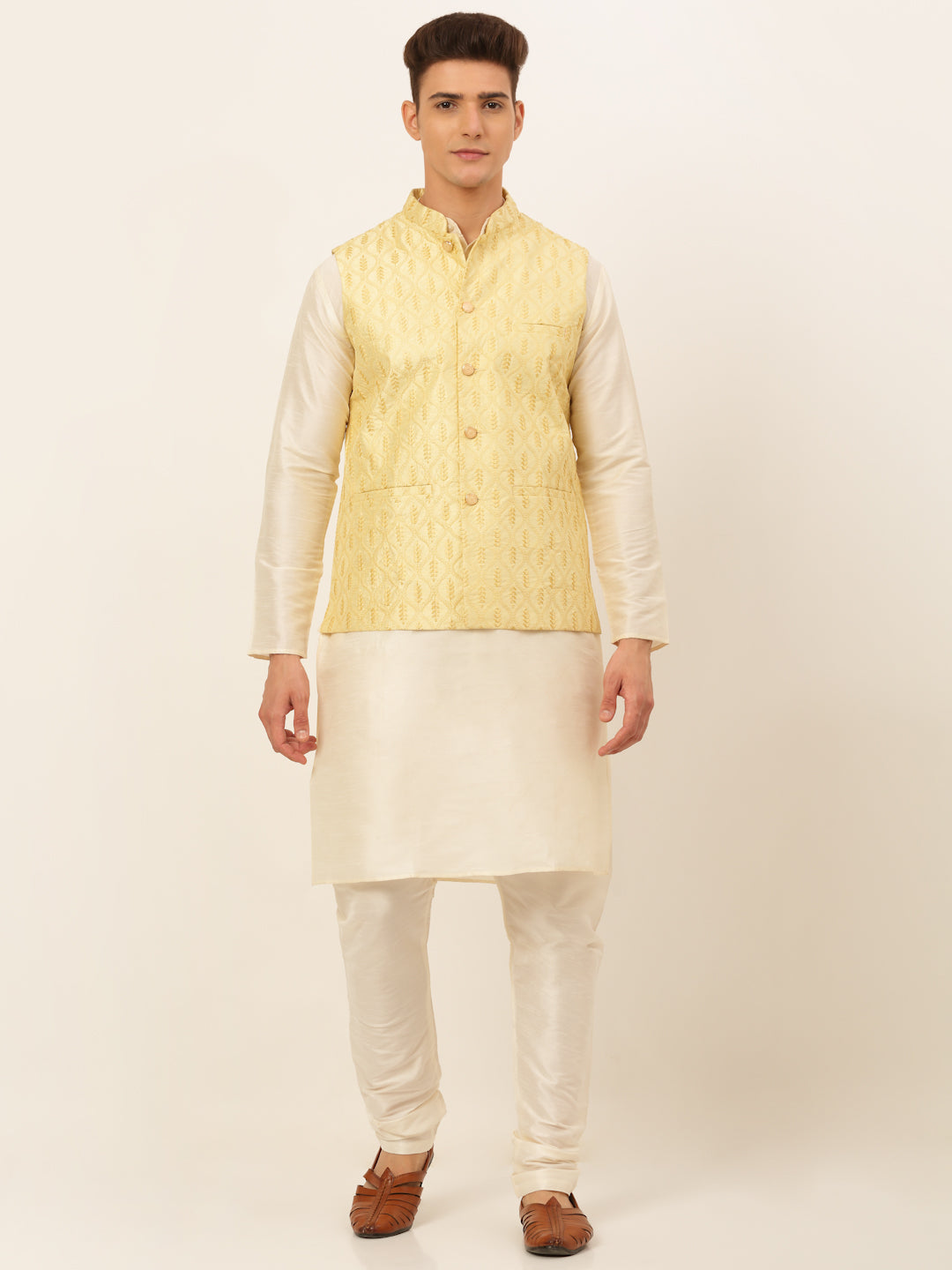 Jompers Men's Solid Kurta Pyjama With Nehru Jacket - Golden | Grocsy