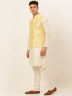 Jompers Men's Solid Kurta Pyjama With Nehru Jacket - Golden | Grocsy