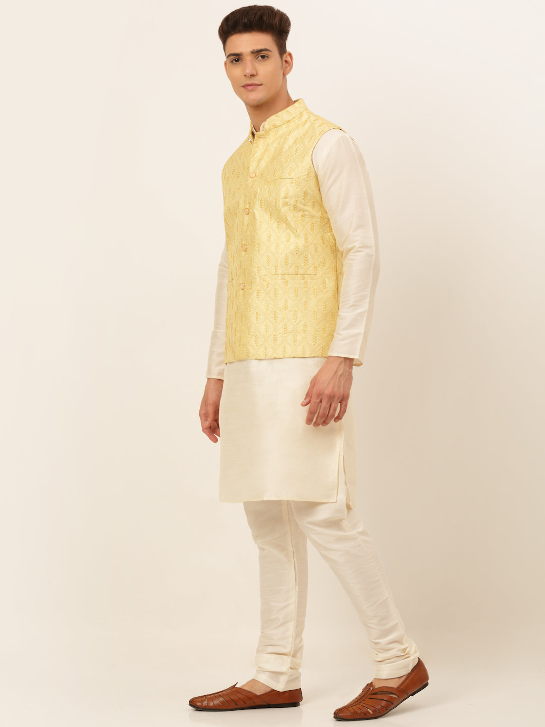 Jompers Men's Solid Kurta Pyjama With Nehru Jacket - Golden | Grocsy