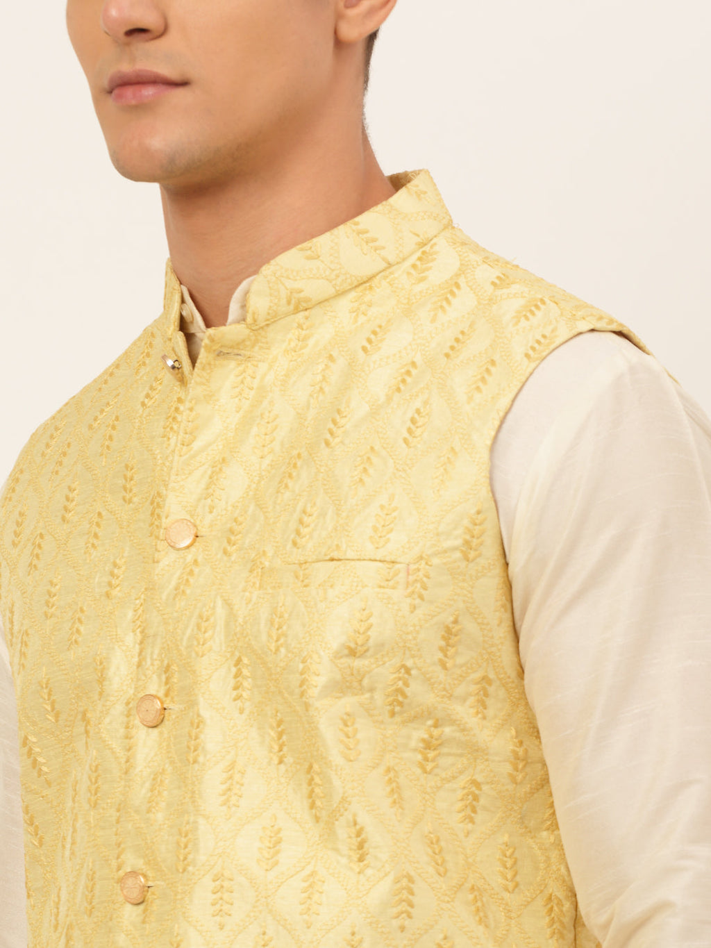 Jompers Men's Solid Kurta Pyjama With Nehru Jacket - Golden | Grocsy