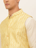 Jompers Men's Solid Kurta Pyjama With Nehru Jacket - Golden | Grocsy