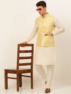 Jompers Men's Solid Kurta Pyjama With Nehru Jacket - Golden | Grocsy