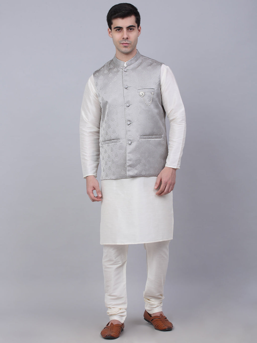 Jompers Men's Solid Kurta Pyjama With Woven Design Nehru Jacket - Grey | Grocsy