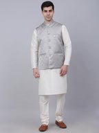 Jompers Men's Solid Kurta Pyjama With Woven Design Nehru Jacket - Grey | Grocsy