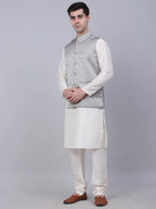 Jompers Men's Solid Kurta Pyjama With Woven Design Nehru Jacket - Grey | Grocsy
