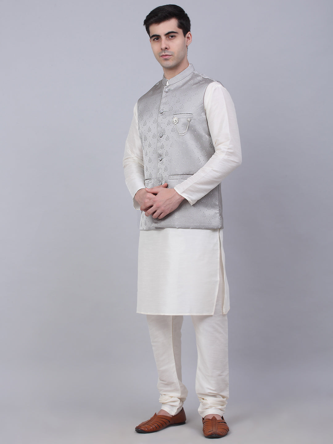 Jompers Men's Solid Kurta Pyjama With Woven Design Nehru Jacket - Grey | Grocsy