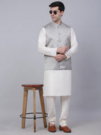 Jompers Men's Solid Kurta Pyjama With Woven Design Nehru Jacket - Grey | Grocsy