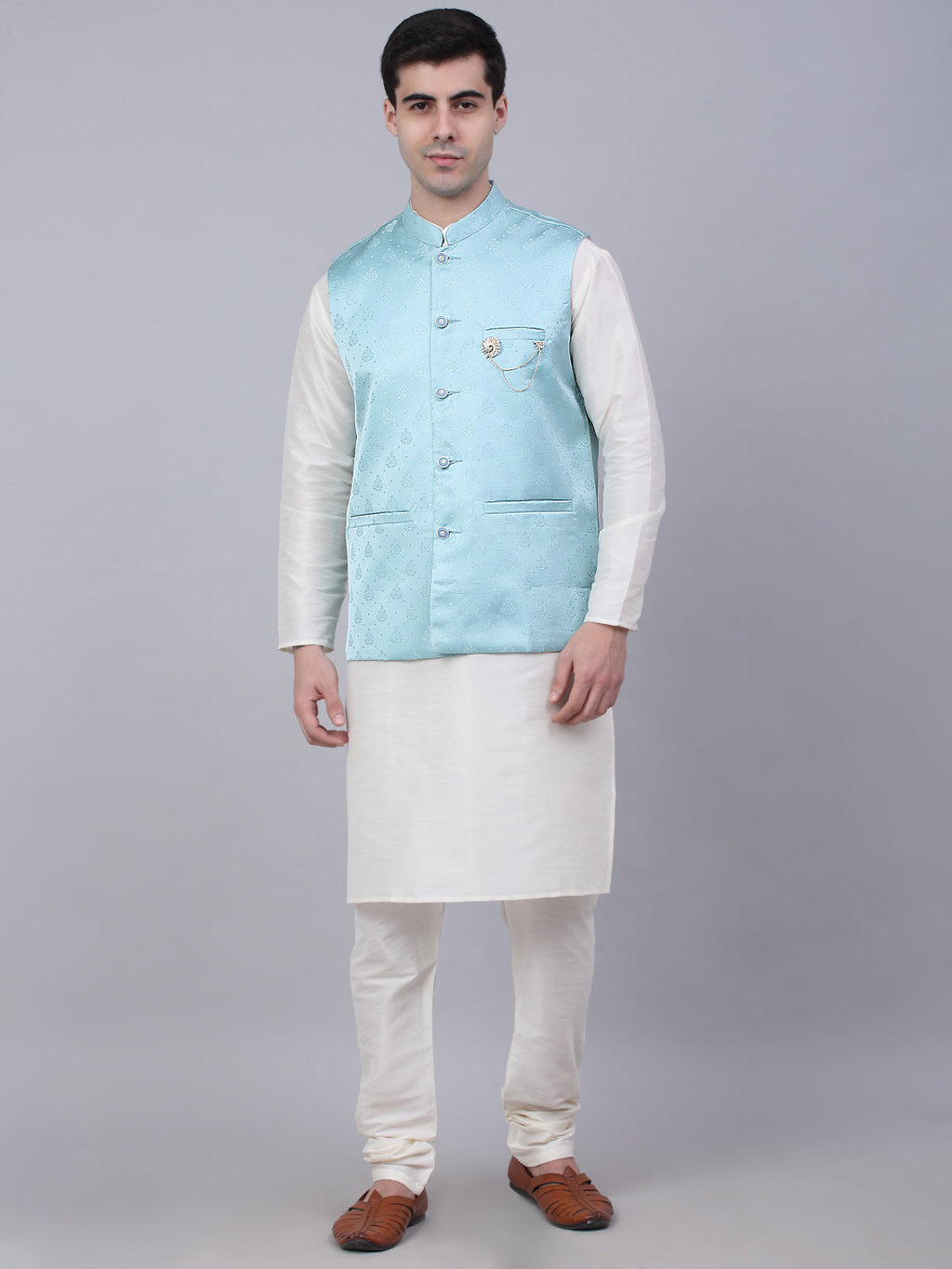 Jompers Men's Solid Kurta Pyjama With Woven Design Nehru Jacket - Sky Blue | Grocsy