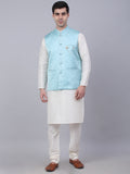 Jompers Men's Solid Kurta Pyjama With Woven Design Nehru Jacket - Sky Blue | Grocsy