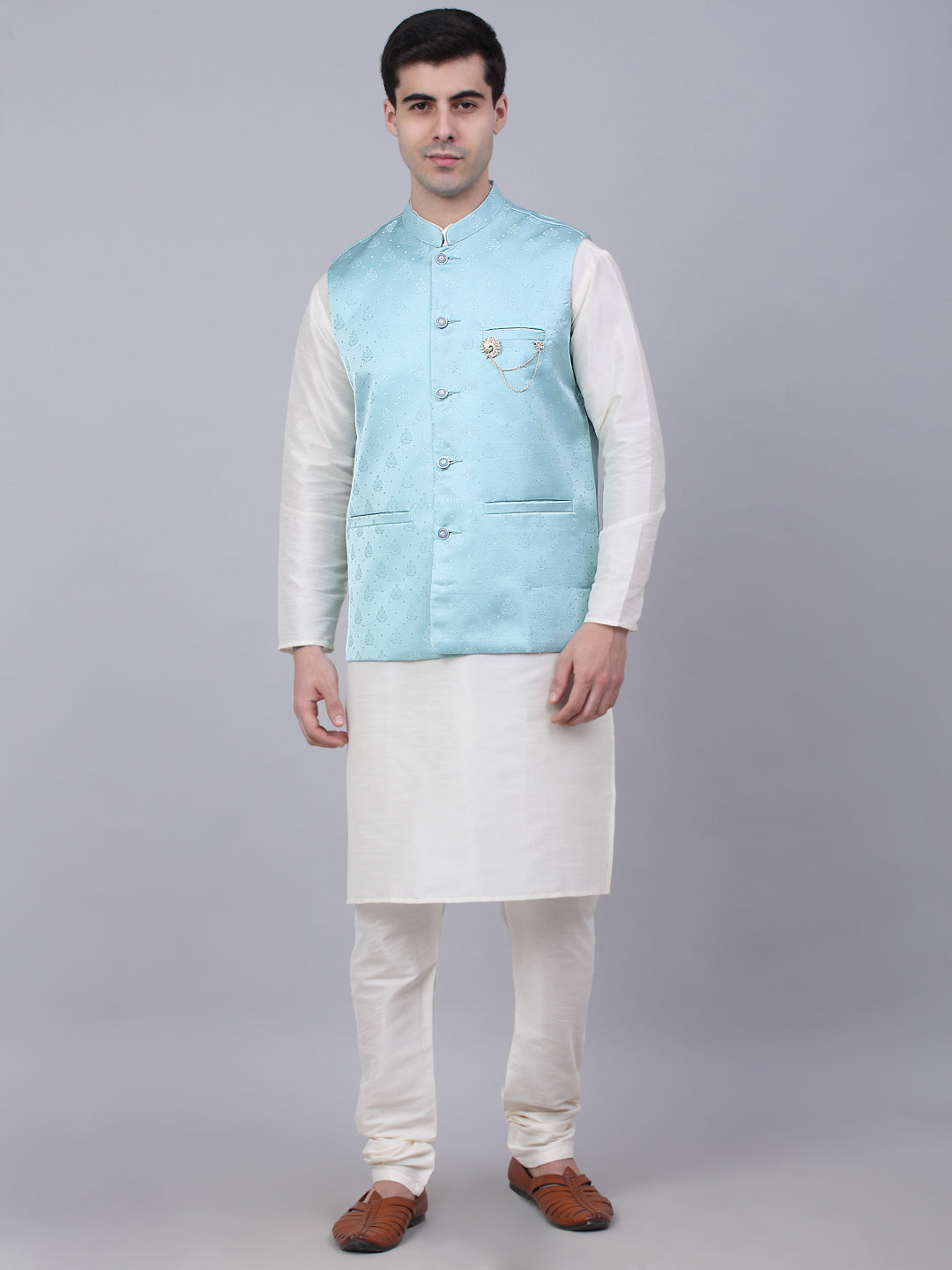 Jompers Men's Solid Kurta Pyjama With Woven Design Nehru Jacket - Sky Blue | Grocsy