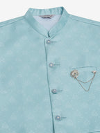 Jompers Men's Solid Kurta Pyjama With Woven Design Nehru Jacket - Sky Blue | Grocsy