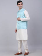 Jompers Men's Solid Kurta Pyjama With Woven Design Nehru Jacket - Sky Blue | Grocsy