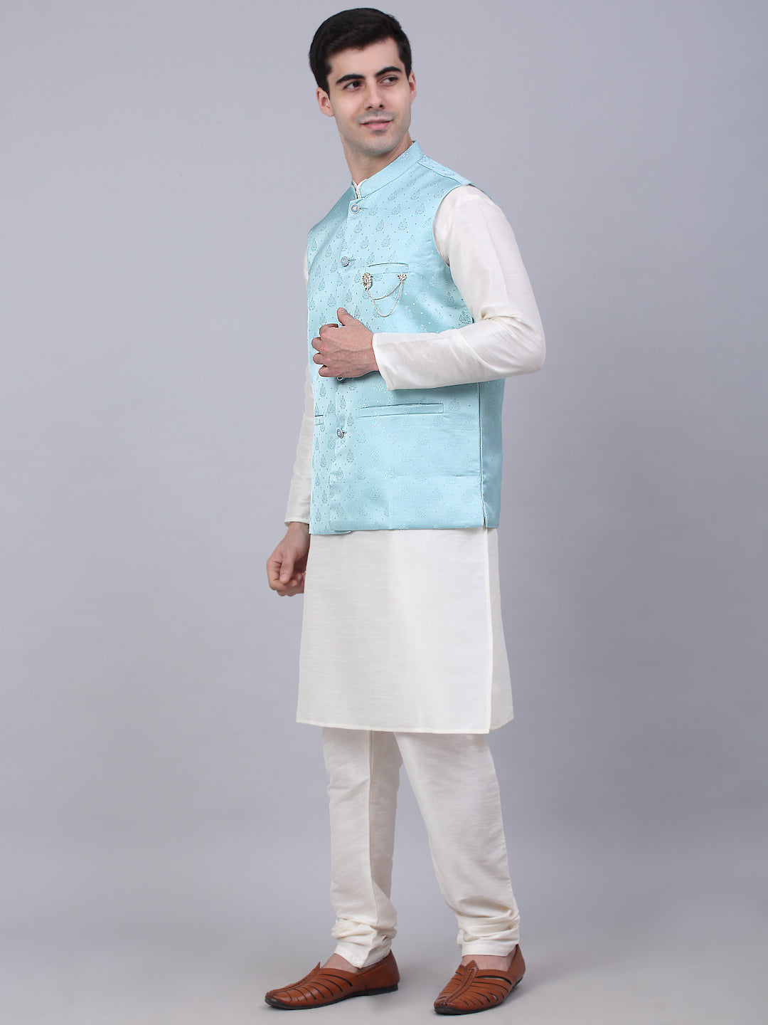 Jompers Men's Solid Kurta Pyjama With Woven Design Nehru Jacket - Sky Blue | Grocsy