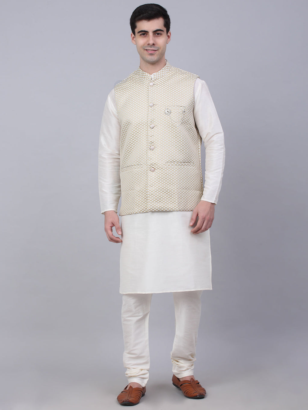Jompers Men's Solid Kurta Pyjama With Woven Design Nehru Jacket - Beige | Grocsy