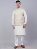 Jompers Men's Solid Kurta Pyjama With Woven Design Nehru Jacket - Beige | Grocsy