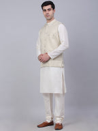 Jompers Men's Solid Kurta Pyjama With Woven Design Nehru Jacket - Beige | Grocsy