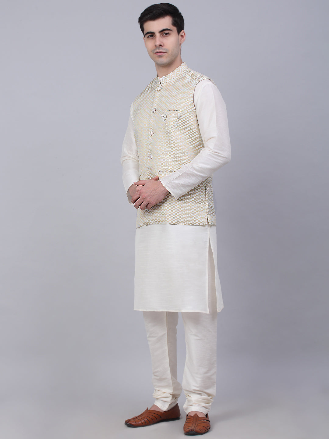 Jompers Men's Solid Kurta Pyjama With Woven Design Nehru Jacket - Beige | Grocsy