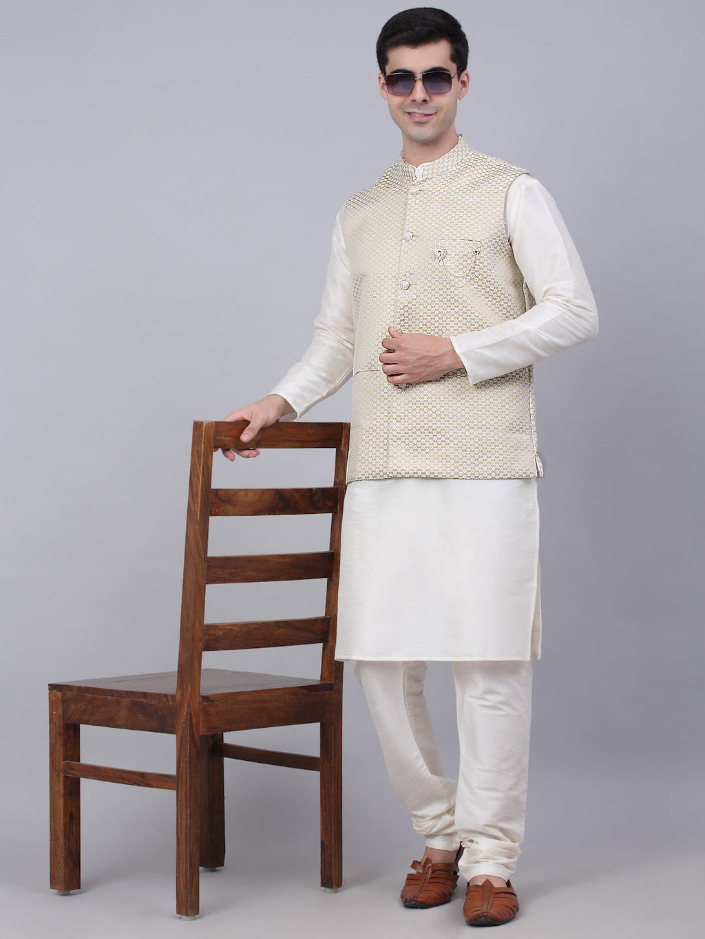 Jompers Men's Solid Kurta Pyjama With Woven Design Nehru Jacket - Beige | Grocsy