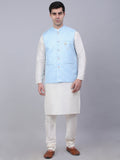 Jompers Men's Solid Kurta Pyjama With Woven Design Nehru Jacket - Blue | Grocsy