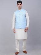 Jompers Men's Solid Kurta Pyjama With Woven Design Nehru Jacket - Blue | Grocsy