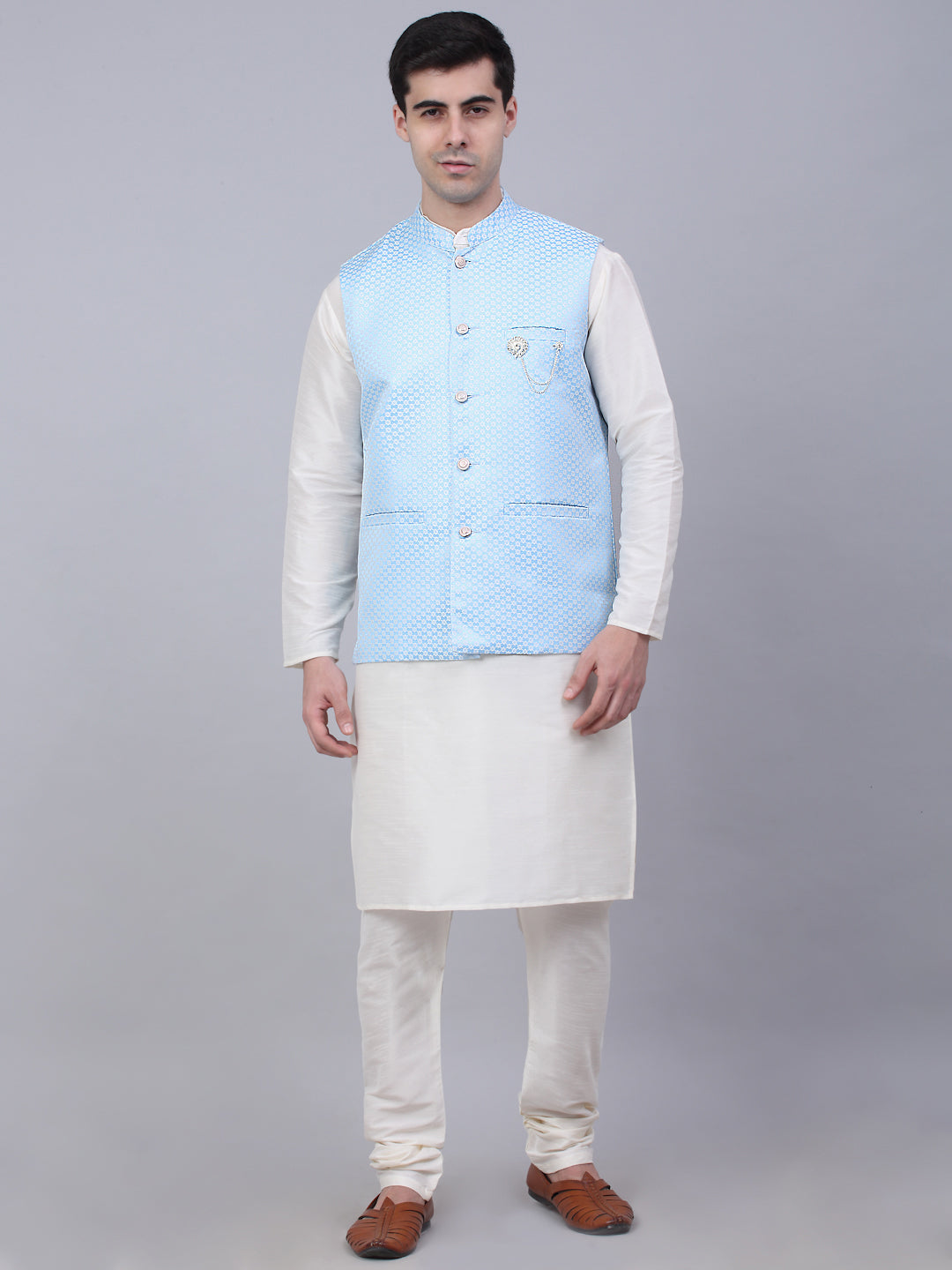 Jompers Men's Solid Kurta Pyjama With Woven Design Nehru Jacket - Blue | Grocsy