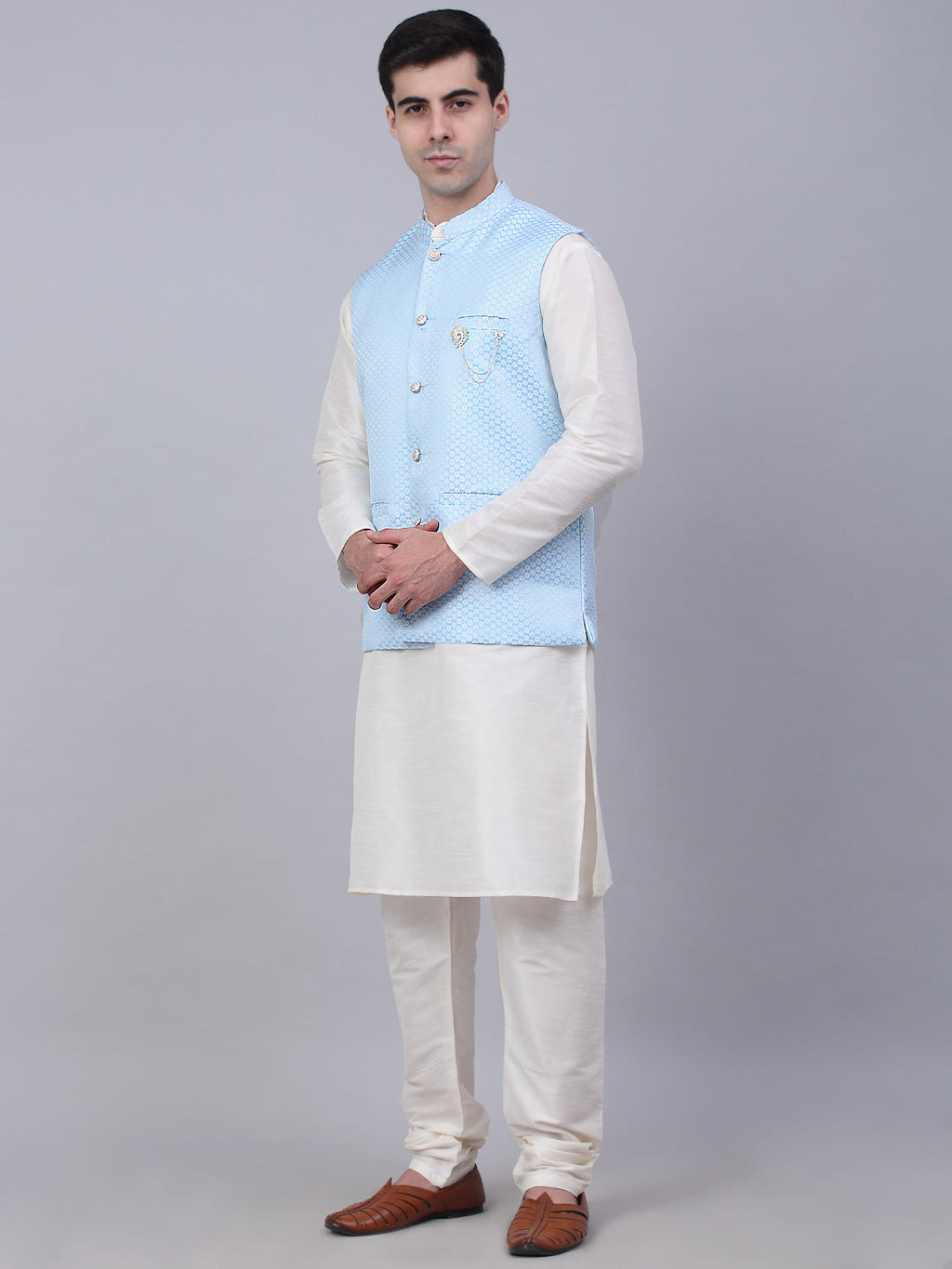 Jompers Men's Solid Kurta Pyjama With Woven Design Nehru Jacket - Blue | Grocsy