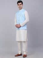 Jompers Men's Solid Kurta Pyjama With Woven Design Nehru Jacket - Blue | Grocsy