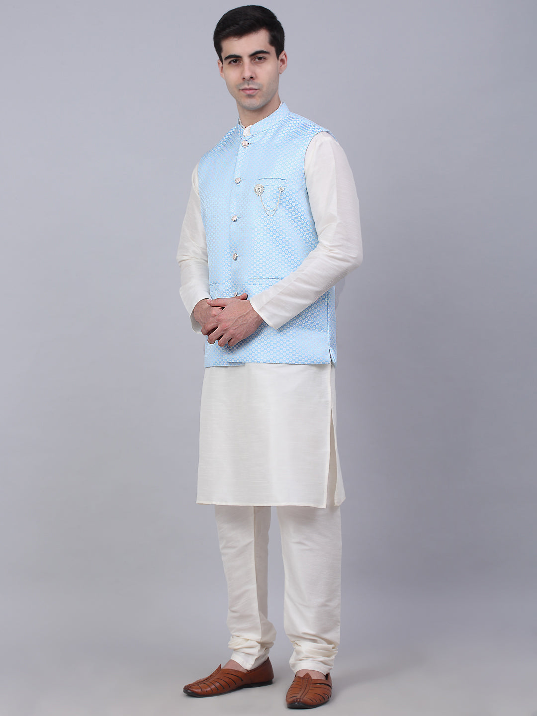 Jompers Men's Solid Kurta Pyjama With Woven Design Nehru Jacket - Blue | Grocsy